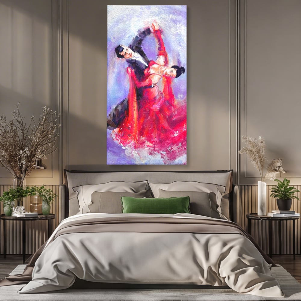 Tablou canvas cu tablou canvas cu o pereche dansand, fara rama, pe sasiu de lemn, pe perete intr-un dormitor